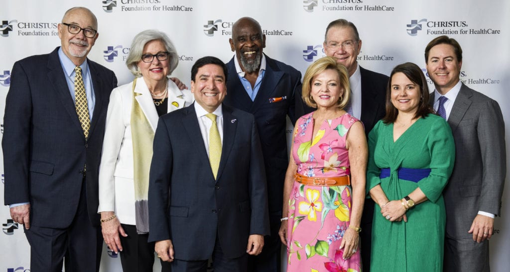 (L-R) Steve and Vicki Smith (Event honorees), Richard R. Torres (President, CHRISTUS Foundation for HealthCare), Chris Gardner (Special Guest Speaker), Stephanie and Gavin Smith (Event Co-Chairs), Ashley and Michael Hanna (Event Co-Chairs).